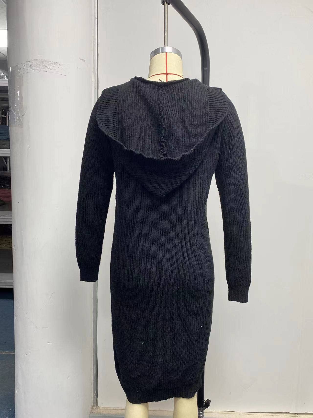 Solid-color hooded long knitted coat