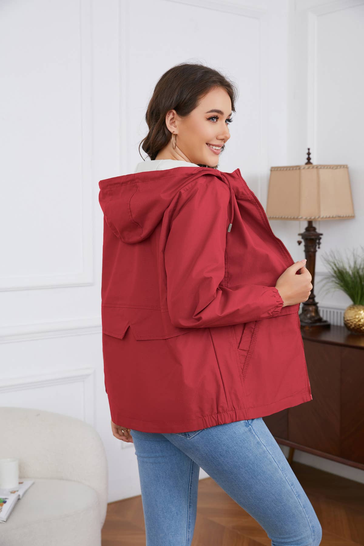 HOODED SOLID COLOR LONG SLEEVE TRENCH COAT