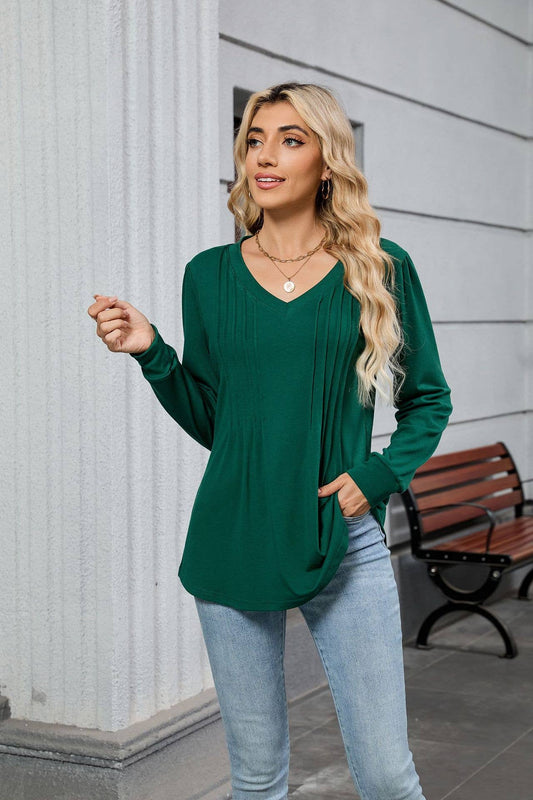 Solid-color V-neck striped long-sleeved T-shirt_CWTBLL4179
