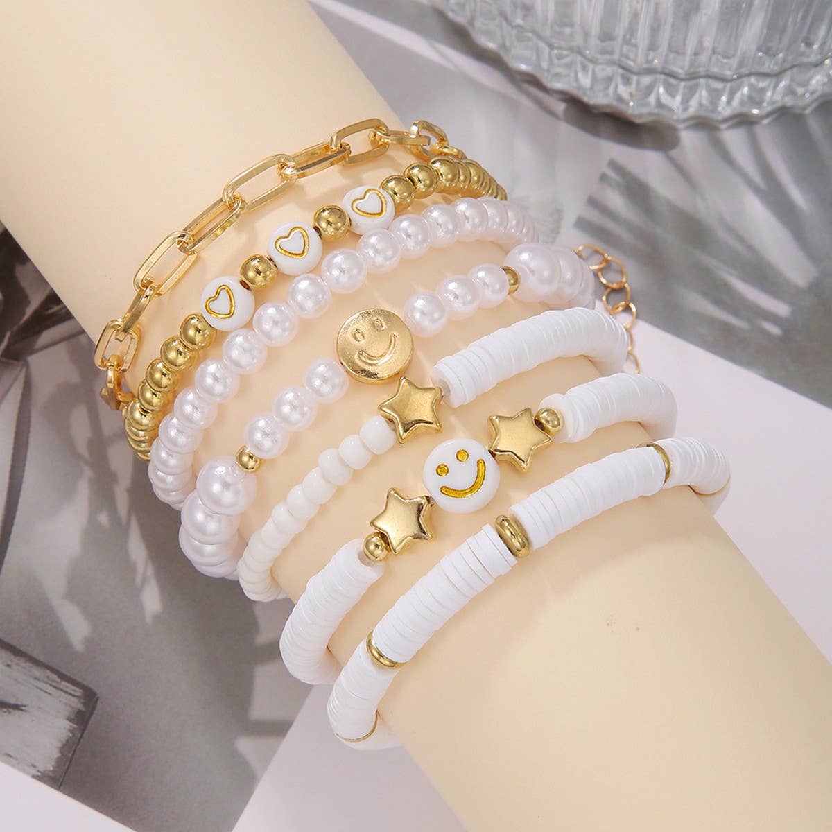 WHITE POLYMER CLAY STAR SMILEY FACE BRACELET SET