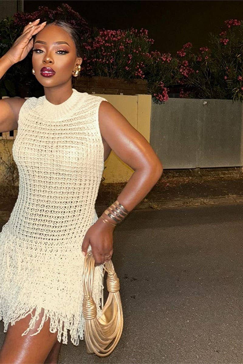 CWDSD8898_SEXY SLEEVELESS TASSEL HOLLOW SLIM STITCHING DRESS