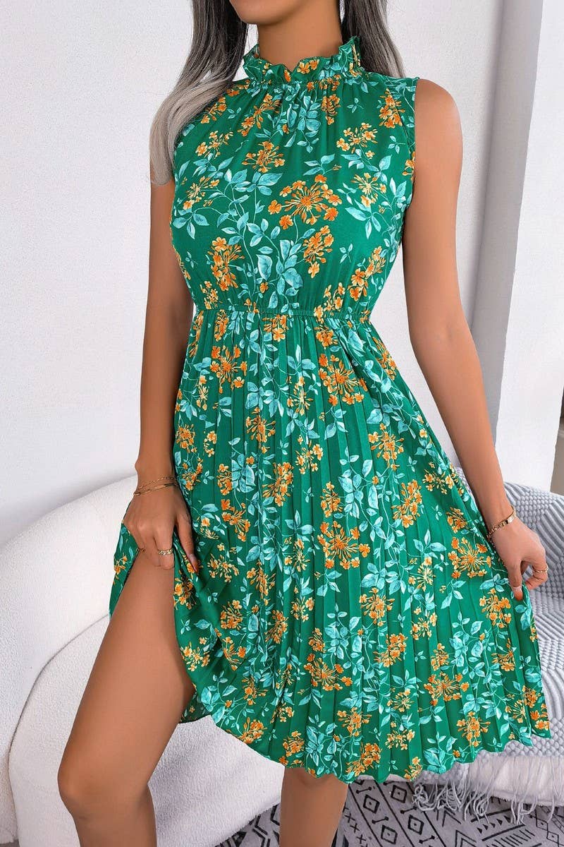 WOMEN FLORAL WAIST PLEATED DRESS_CWDSD2520