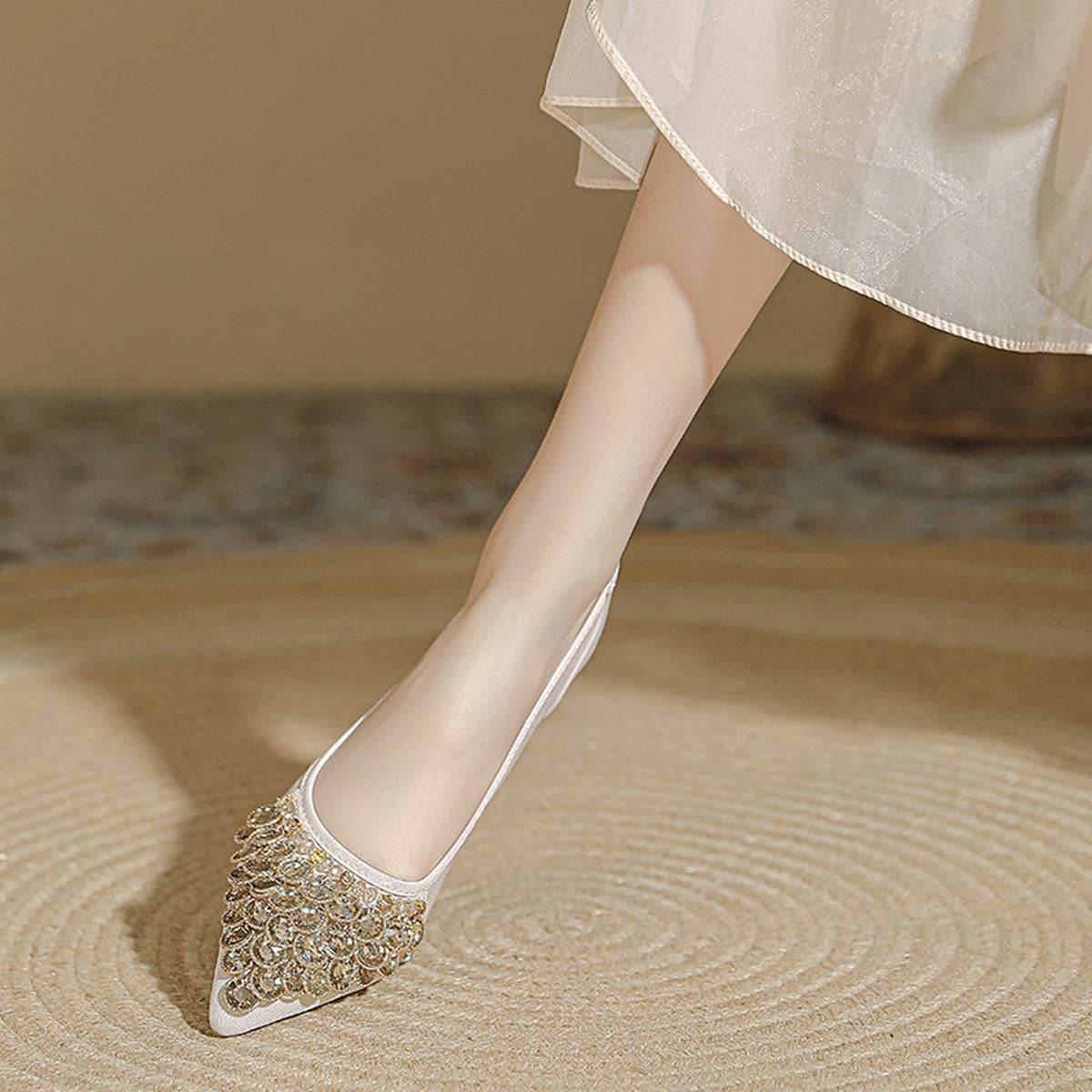 WOMEN FASHION DIAMOND MESH CRYSTAL FLAT SHOES