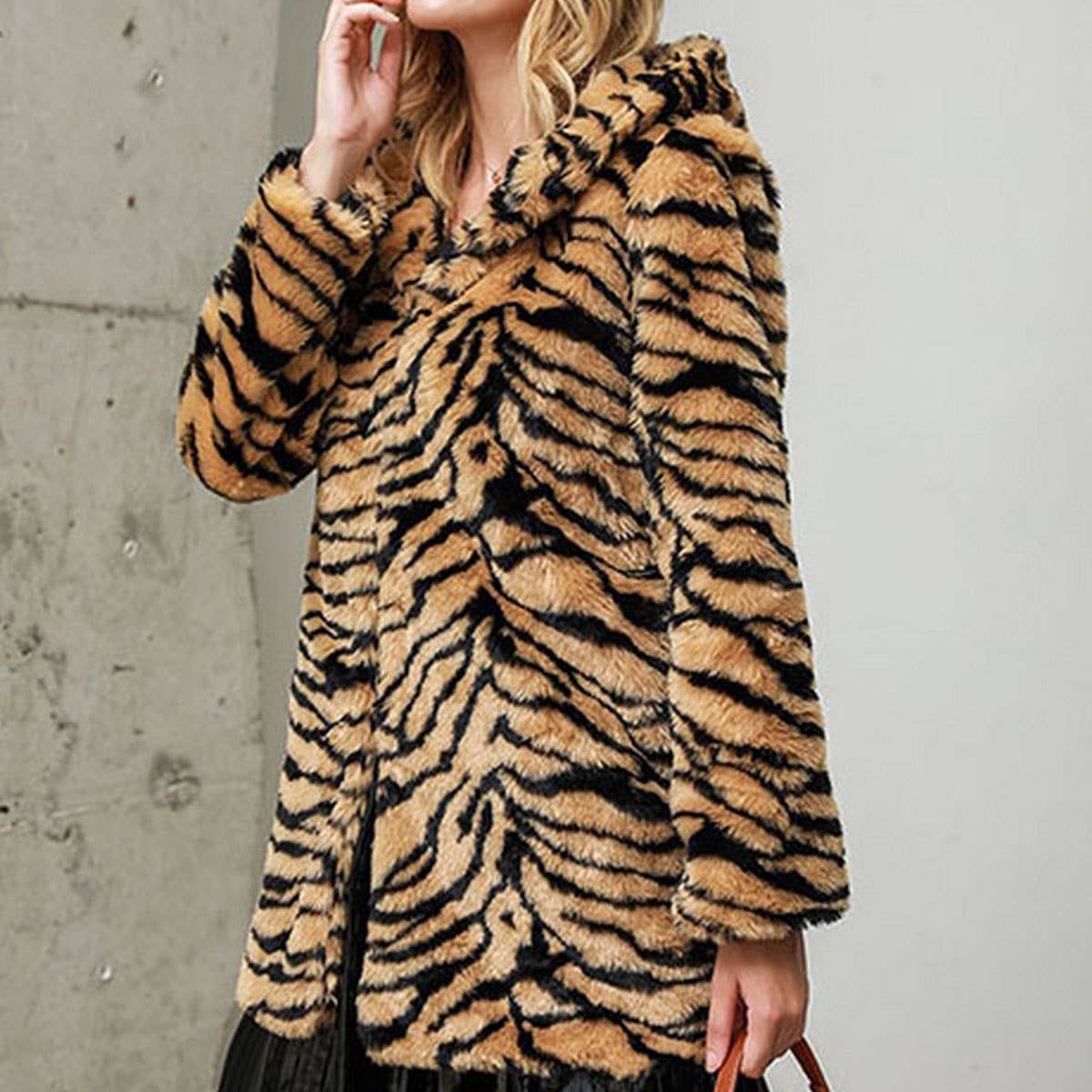 Thick Hooded Tiger Print Faux Fur Coat Women Mid