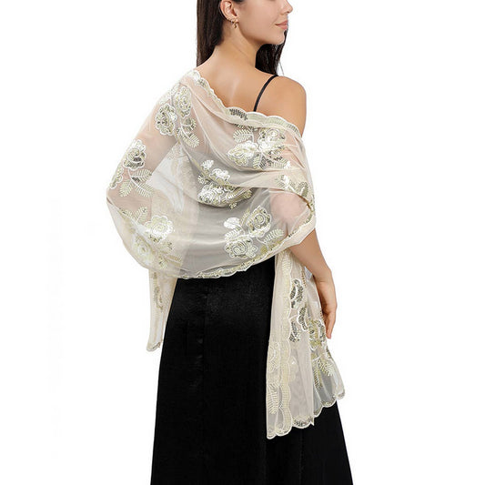 NEW ARRIVAL FLOWER SEQUIN EMBROIDERED SHAWL