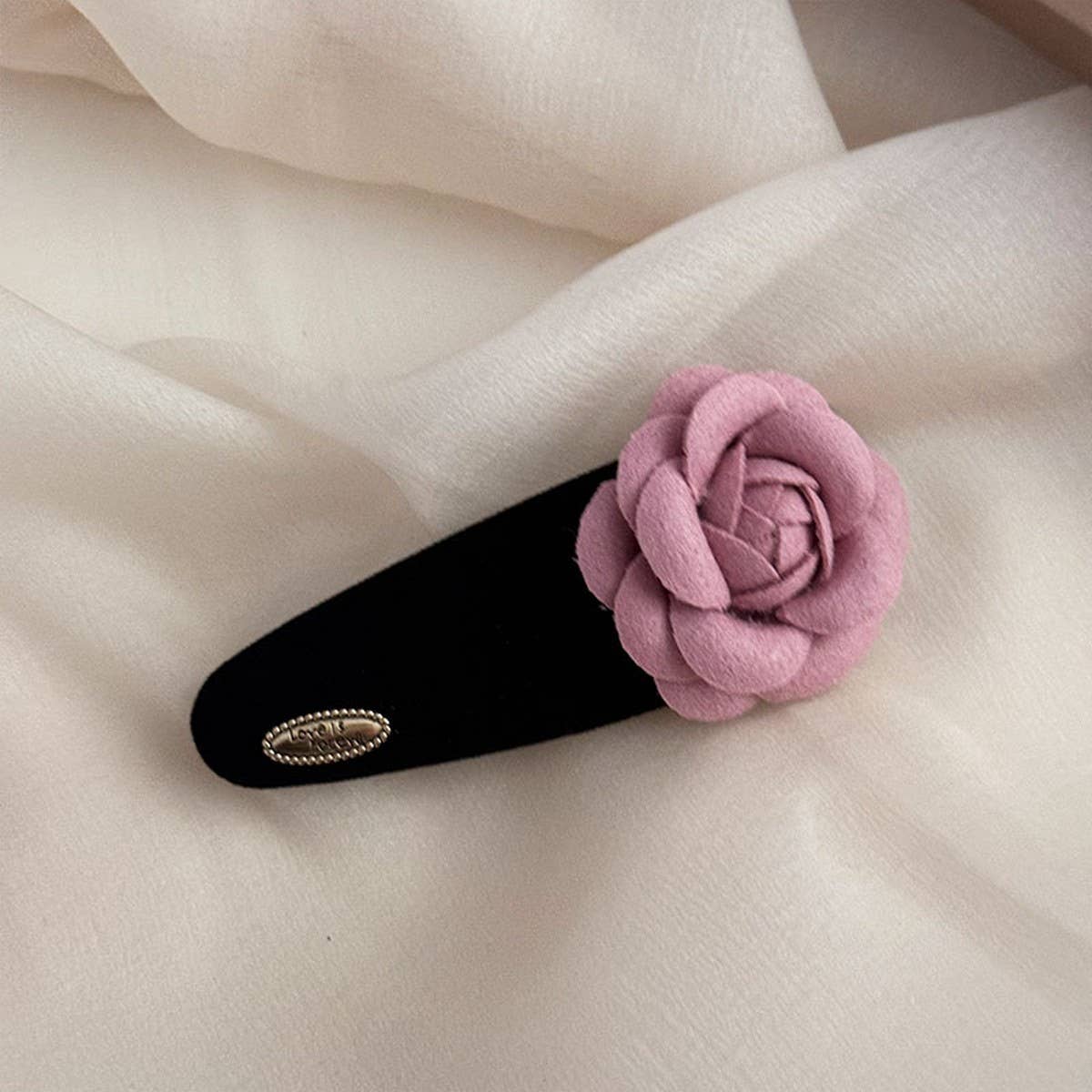 NEW BLACK VELVET PINK CAMELLIA HAIRPIN