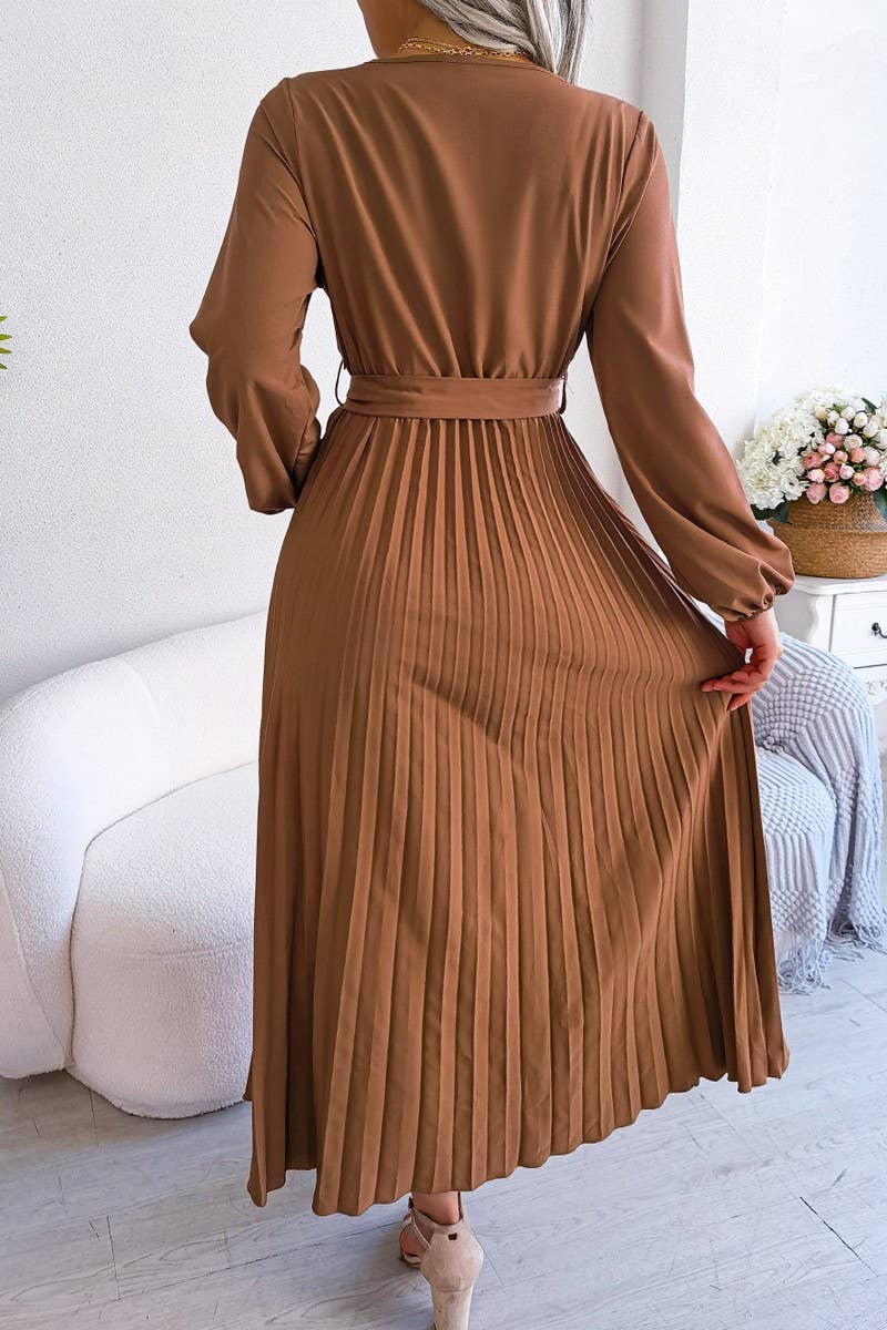 SOLID V NECK PLEATED LONG SKIRT_CWDMD0762