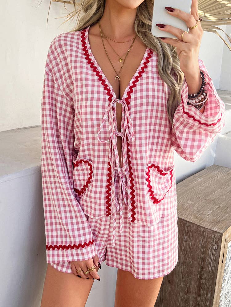 Lace printed lace-up rayon long sleeve shorts set