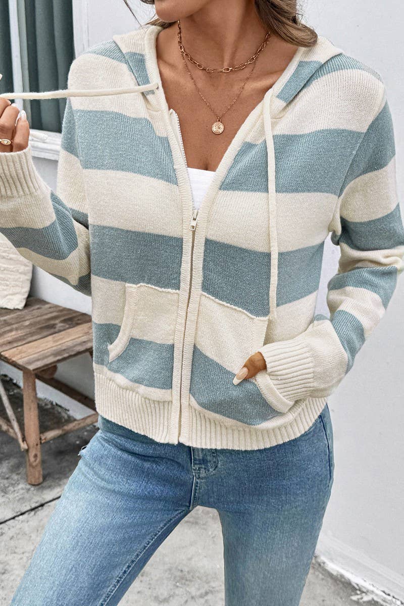CWOCAL00595_STRIPE COLORBLOCK ZIP HOODIE CARDIGAN SWEATER