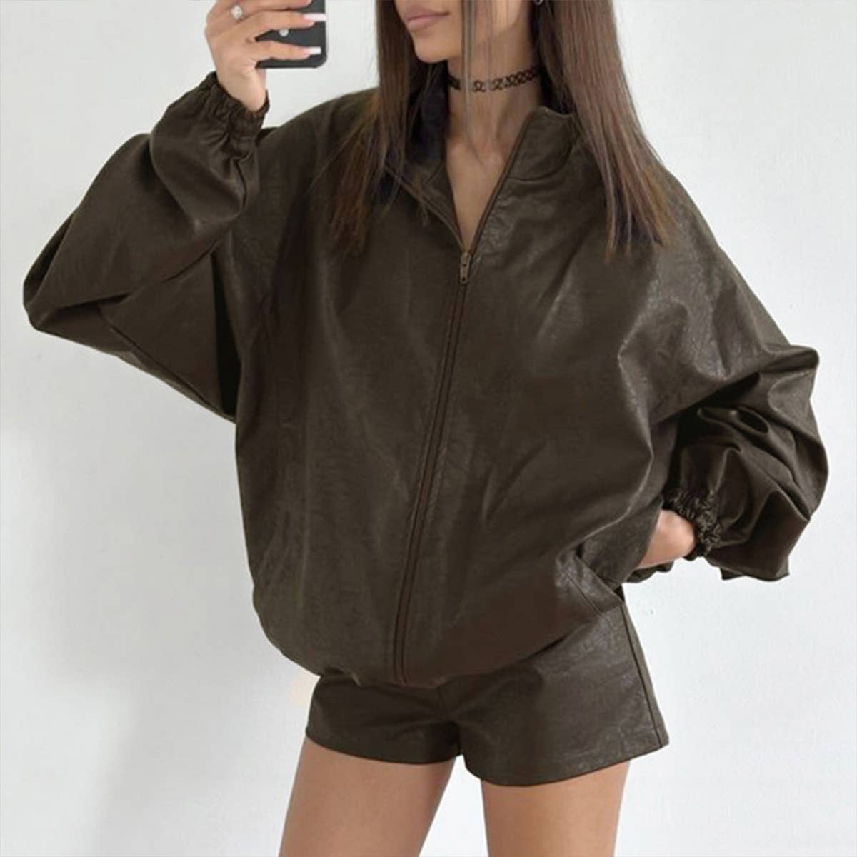 VINTAGE SIMPLE LOOSE ZIP-UP LAPEL WOMEN'S JACKET