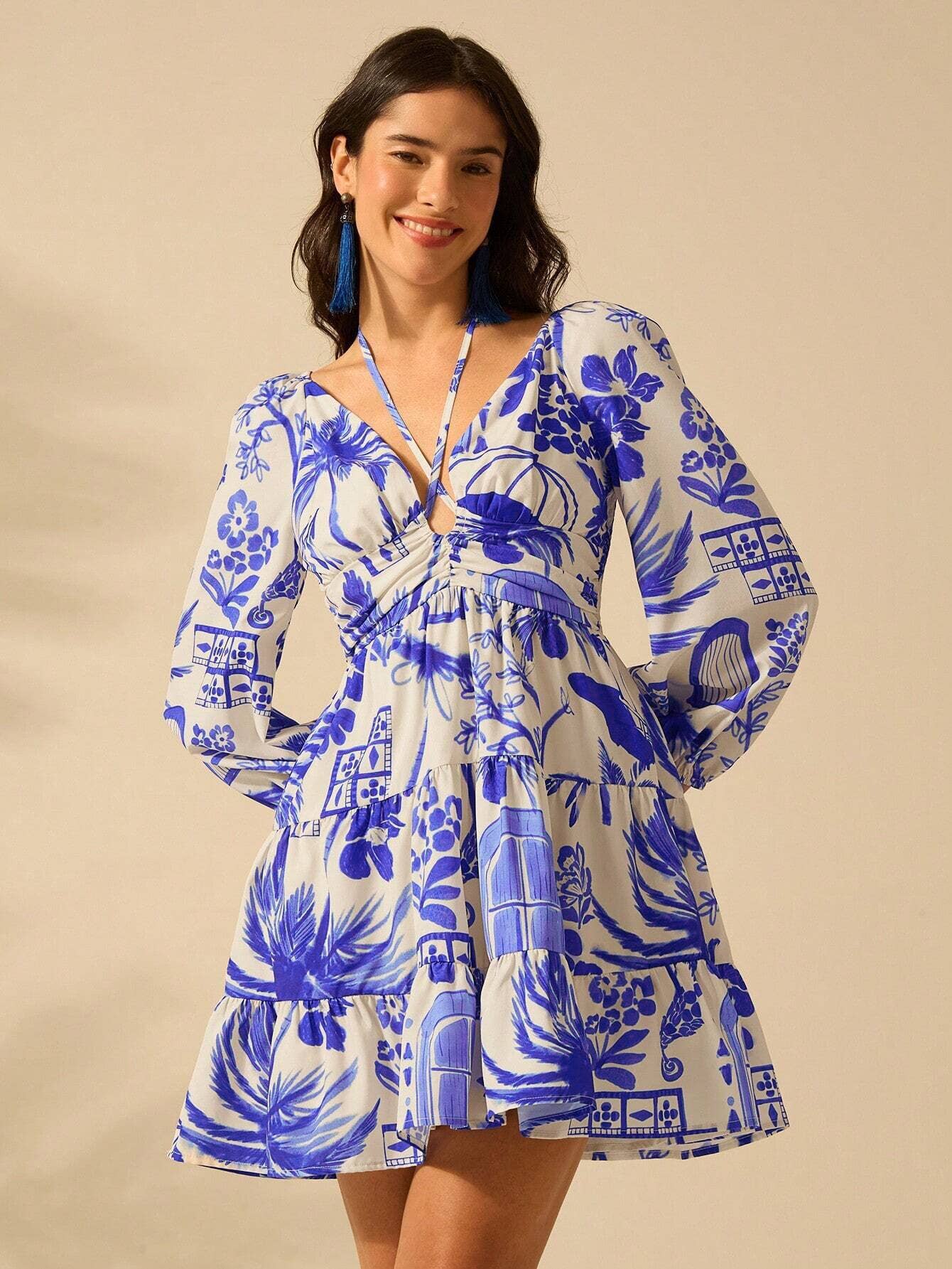 V-neck cinched waist lantern sleeve lace-up dress