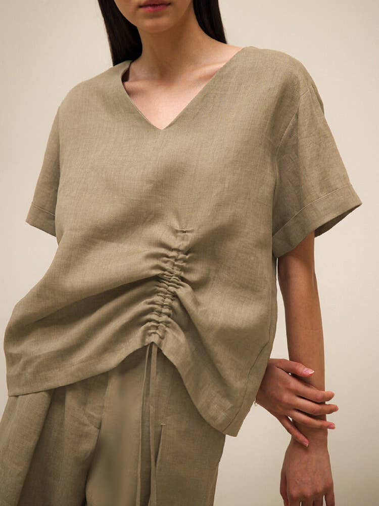 Linen V-neck slouchy commuter blouse