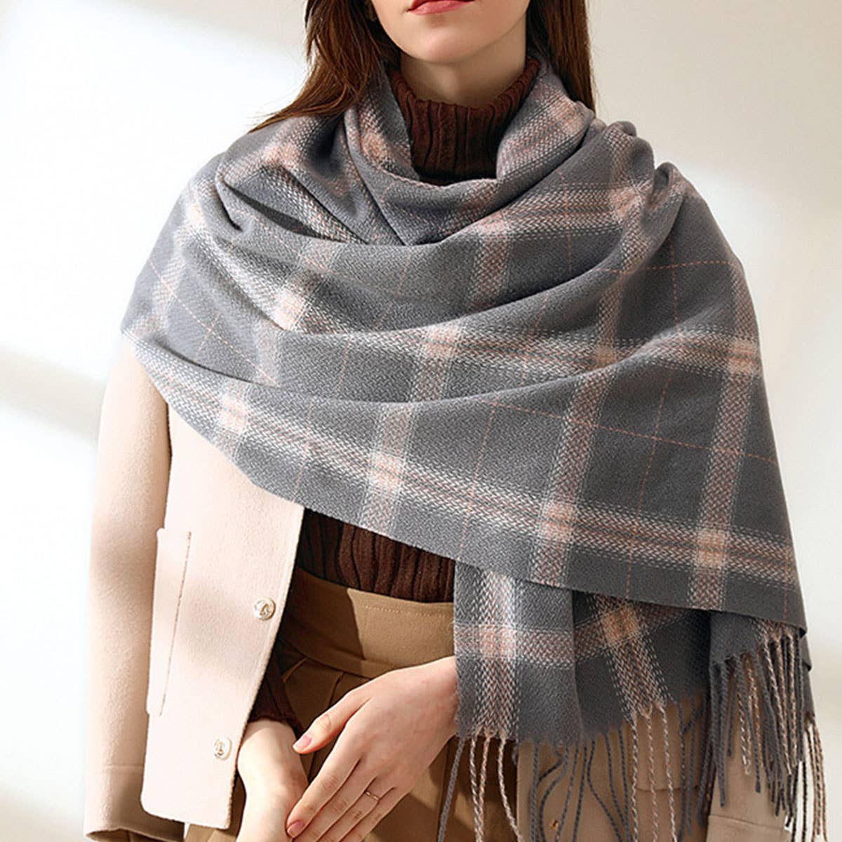 Plaid Faux Cashmere Scarf - Tassel Winter Shawl_CWASC0218