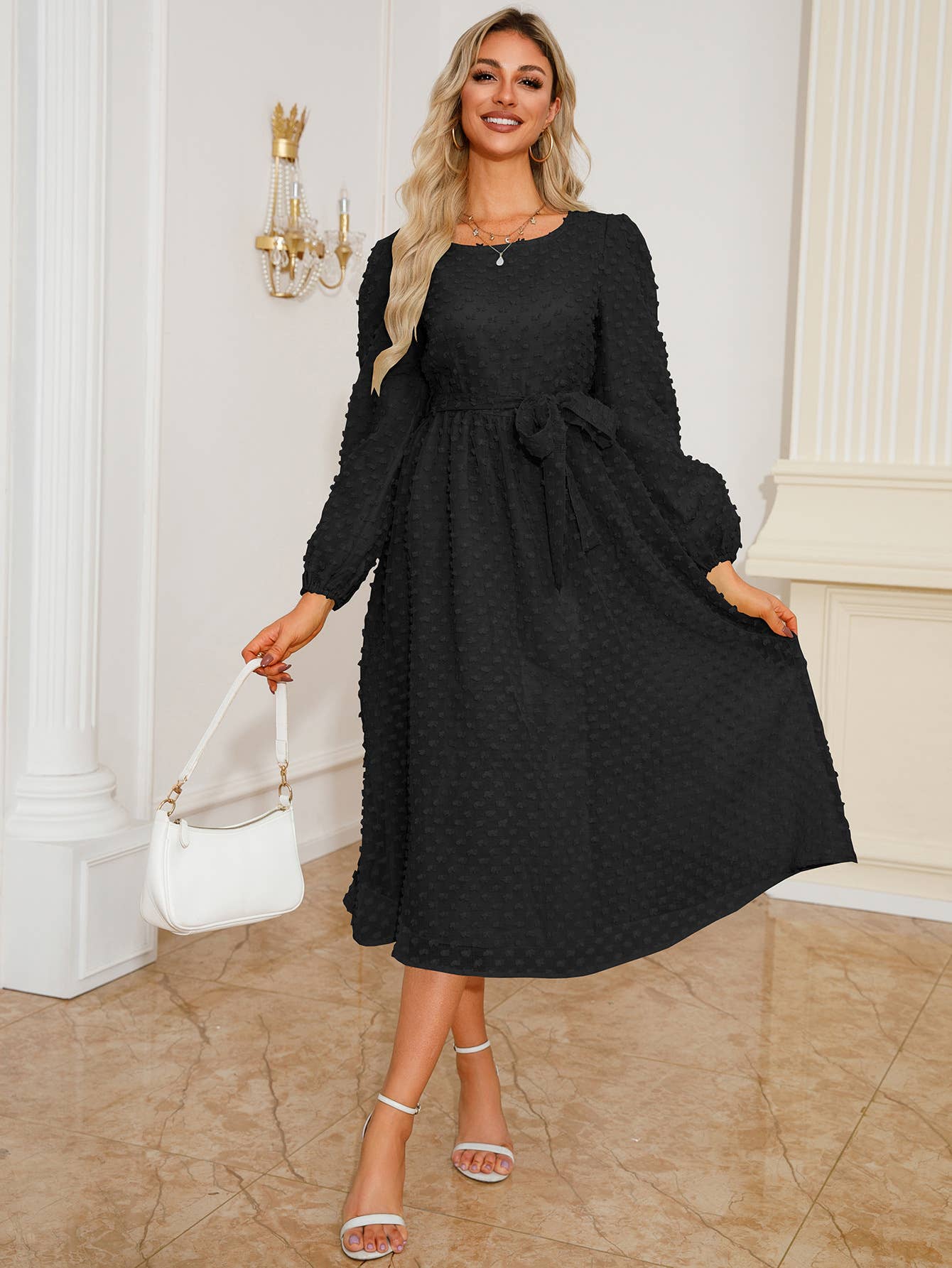 Jacquard Long Sleeve Dress with Waist Detail