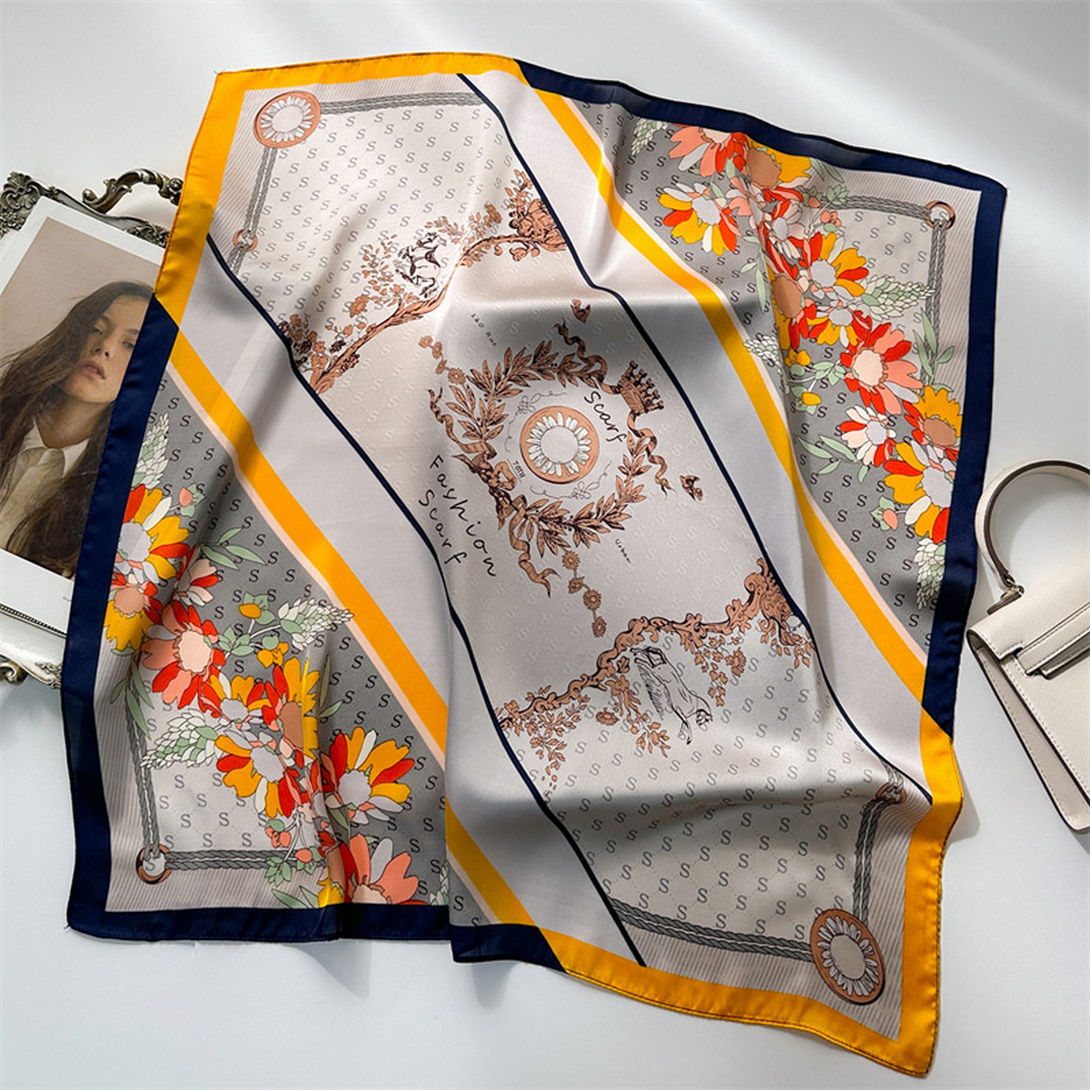 Lily Print Satin Square Scarf for Summer Sun