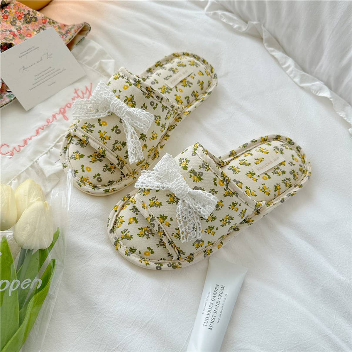 LACE BOW SMALL FLORAL THICK-SOLED HOME SLIPPERS