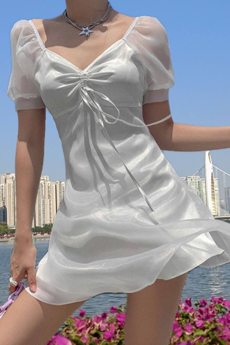 CWDSD8137_VINTAGE SHEER ORGANZA PUFF SLEEVE MINI DRESS