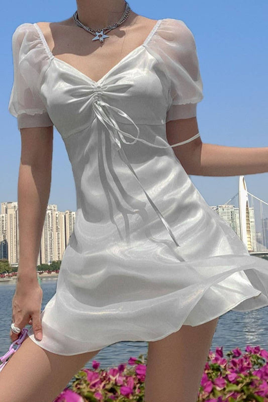 CWDSD8137_VINTAGE SHEER ORGANZA PUFF SLEEVE MINI DRESS