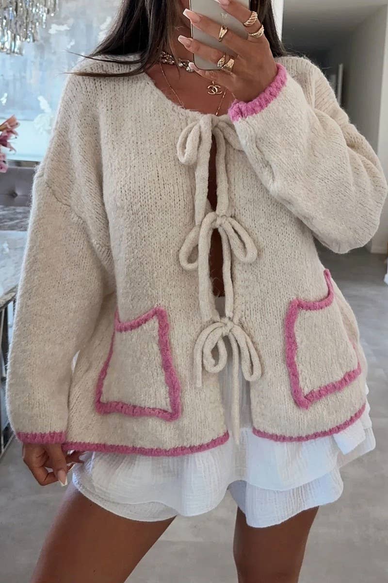 CWOCAL00719_COLORBLOCK BOW TIE LOOSE KNIT CARDIGAN TOP