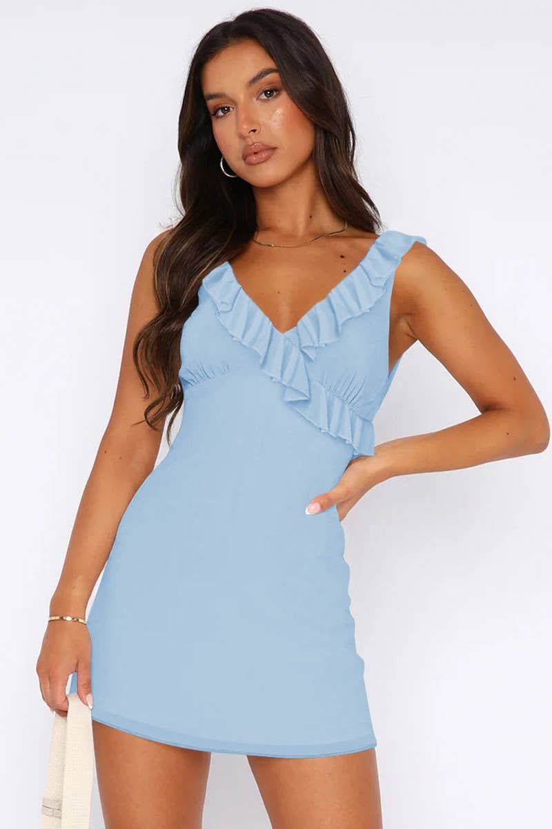 CWDSD7270_V-NECK PLEATED RUFFLE SLEEVELESS DRESS