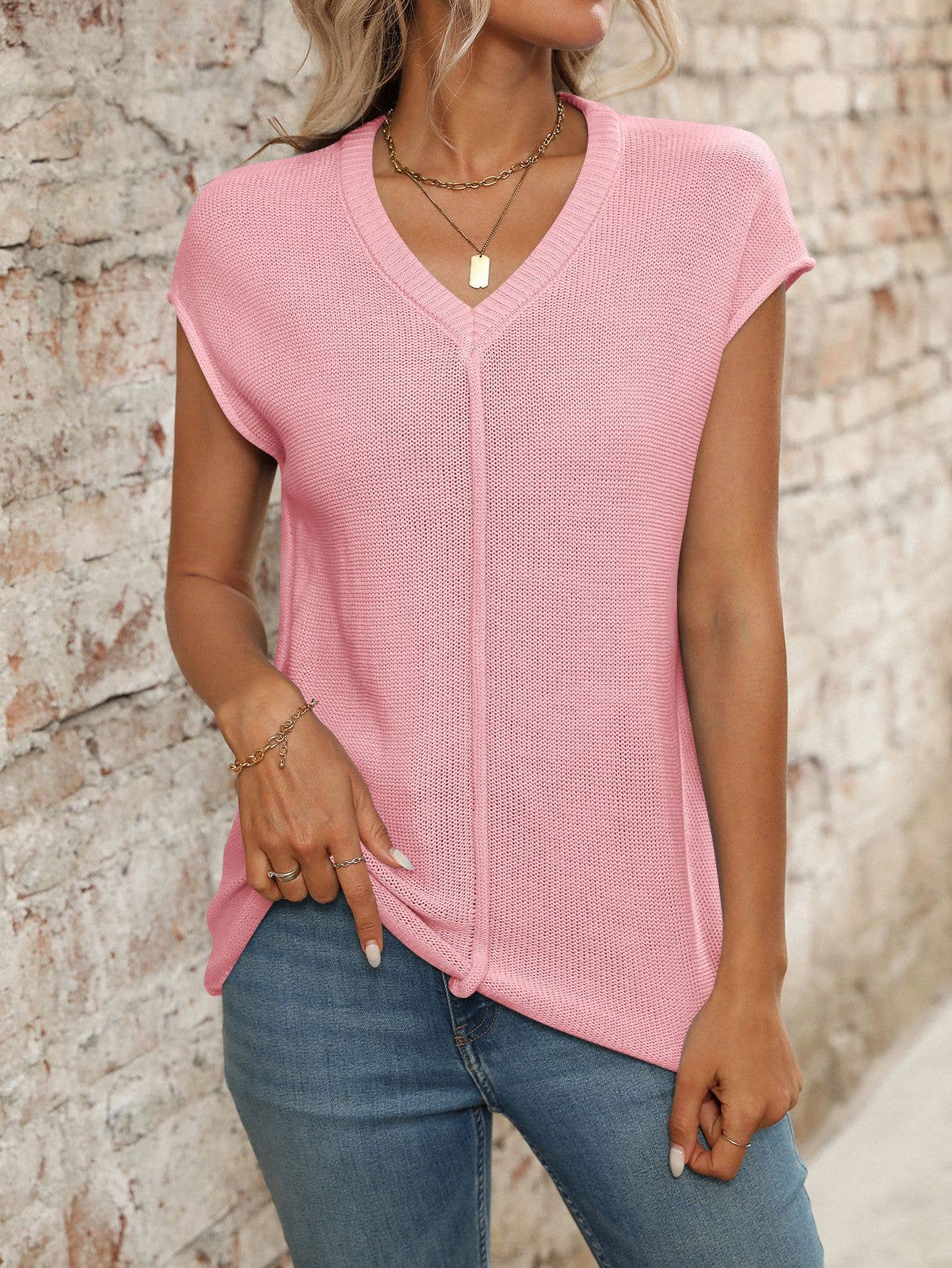 V-neck solid color knitted translucent sweater
