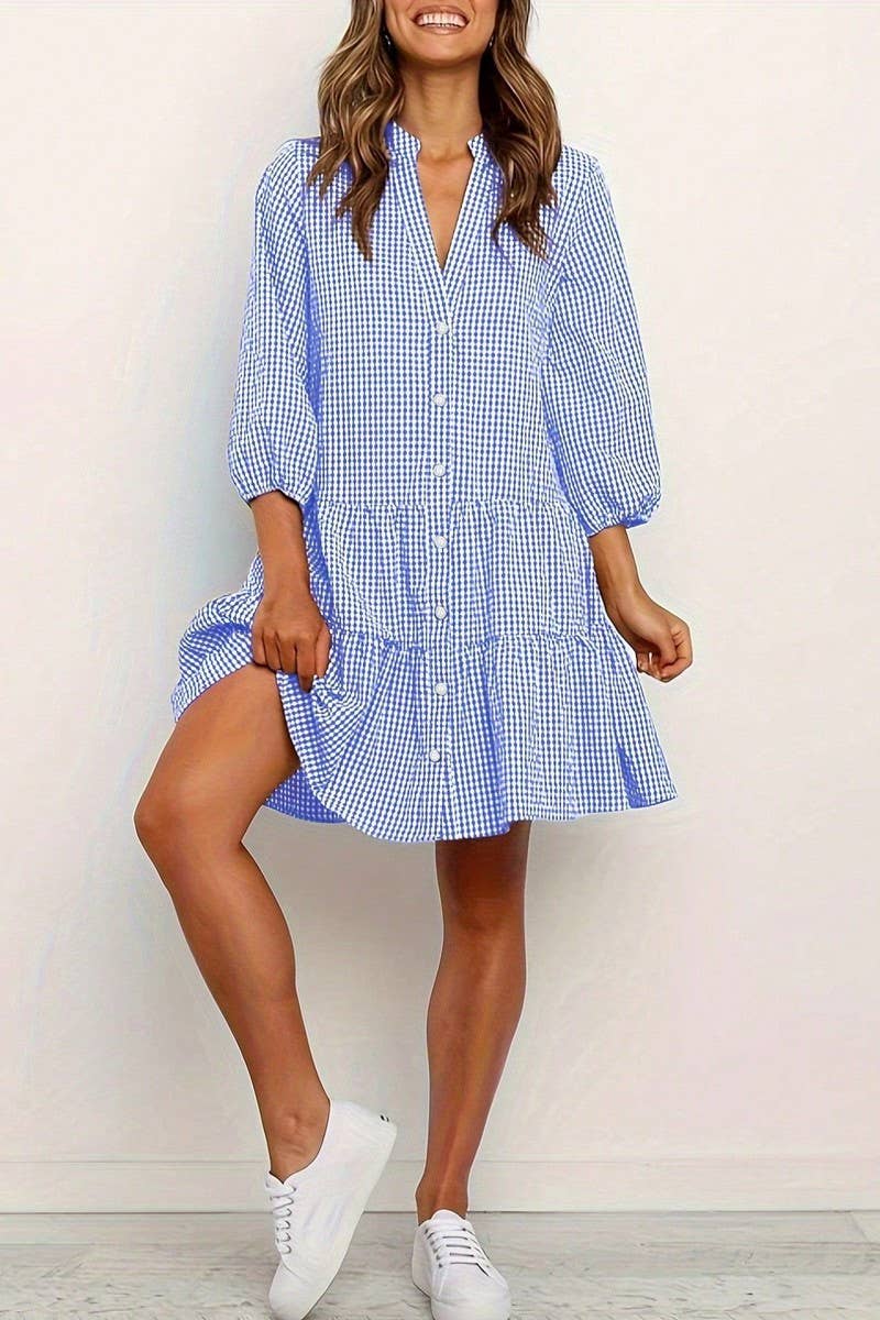 CWDSD8006_SUMMER V-NECK LOOSE PLAID DRESS
