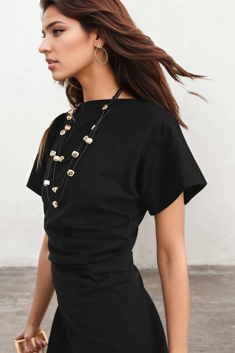 CWDMD6421_VINTAGE RUCHED WAIST BLACK DRAPED MAXI DRESS