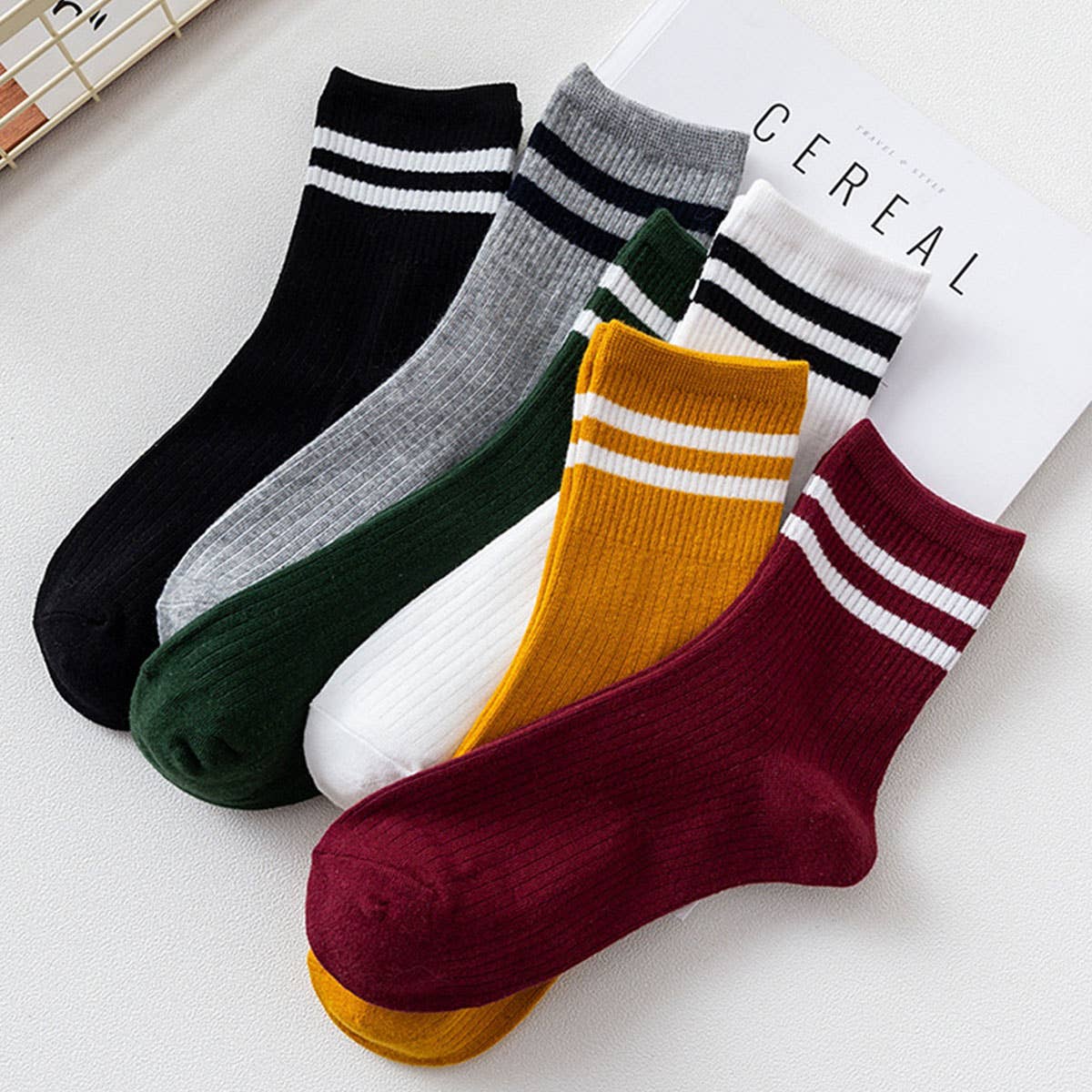 2-Stripe Cotton Mid Socks for Women, Wholesale_CWMS070