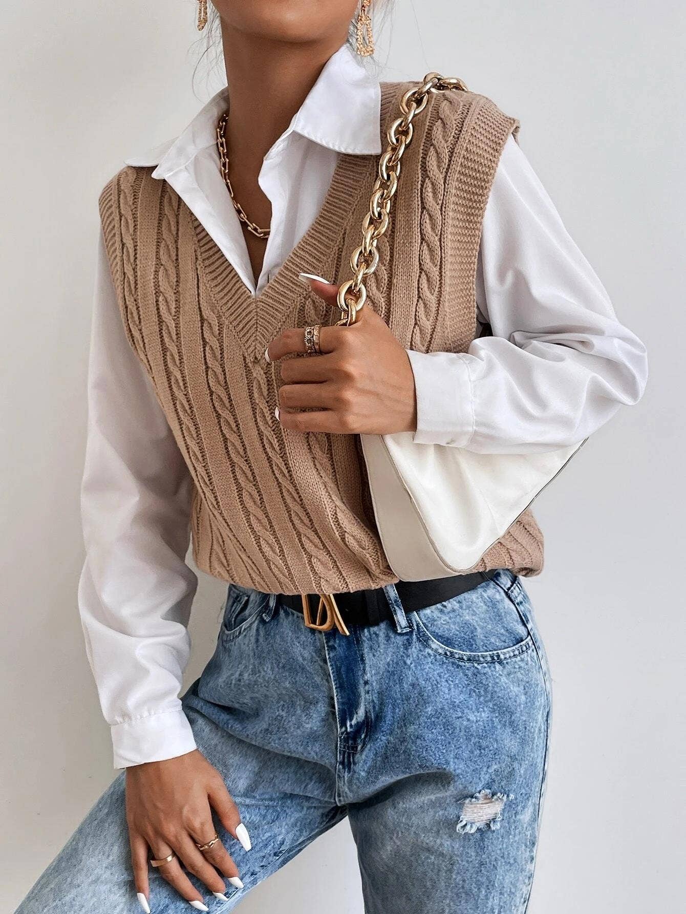 Solid color versatile loose knitted vest