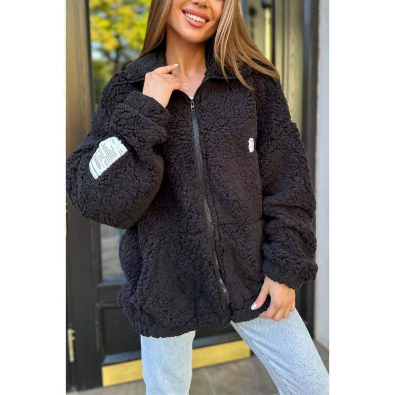 SOLID COLOR LAPEL ZIPPER FLEECE CARDIGAN COAT