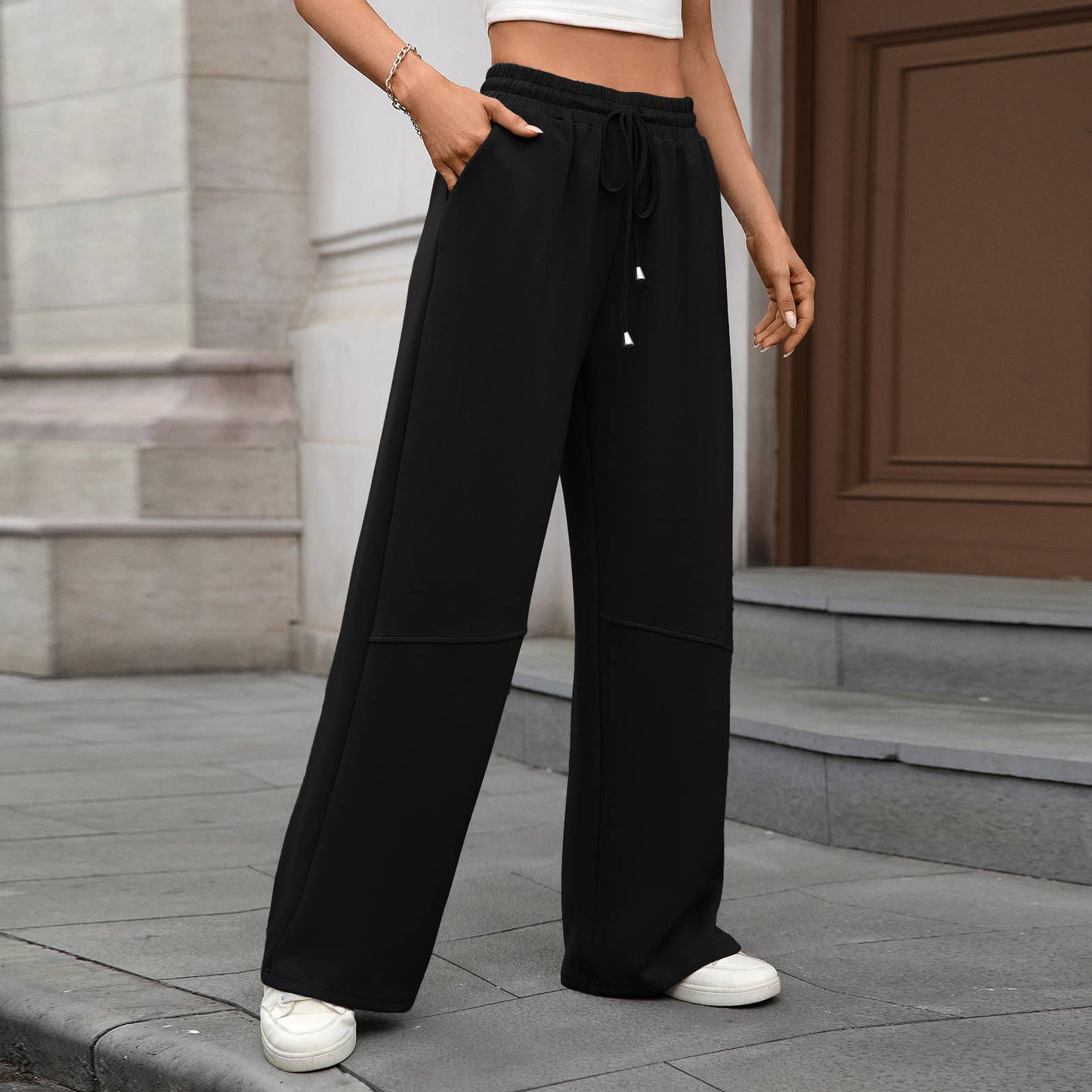 Stretch waist drawstring pocket wide leg pants