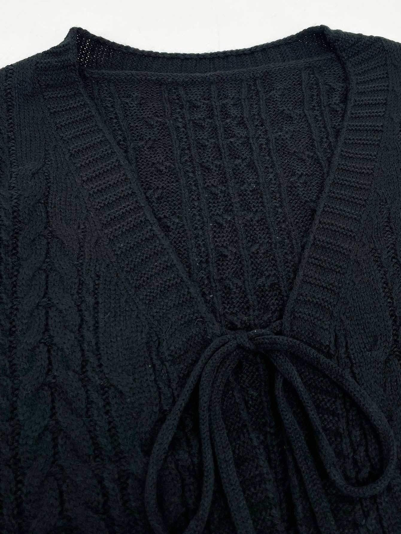 Solid-color V-neck braided lace-up cardigan