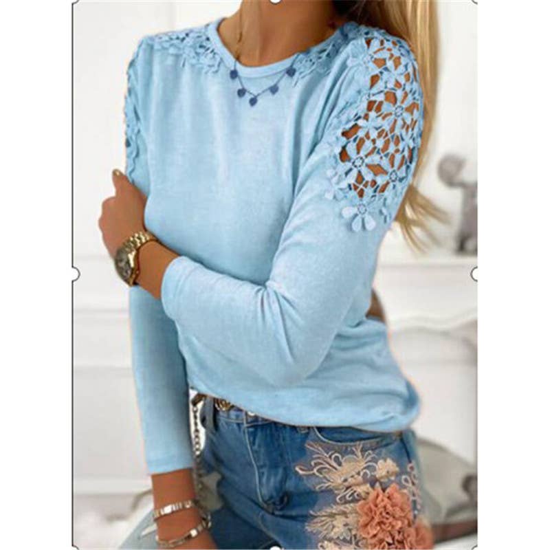 SOLID COLOR SLIM LACE HOLLOW-OUT LONG SLEEVE TOP