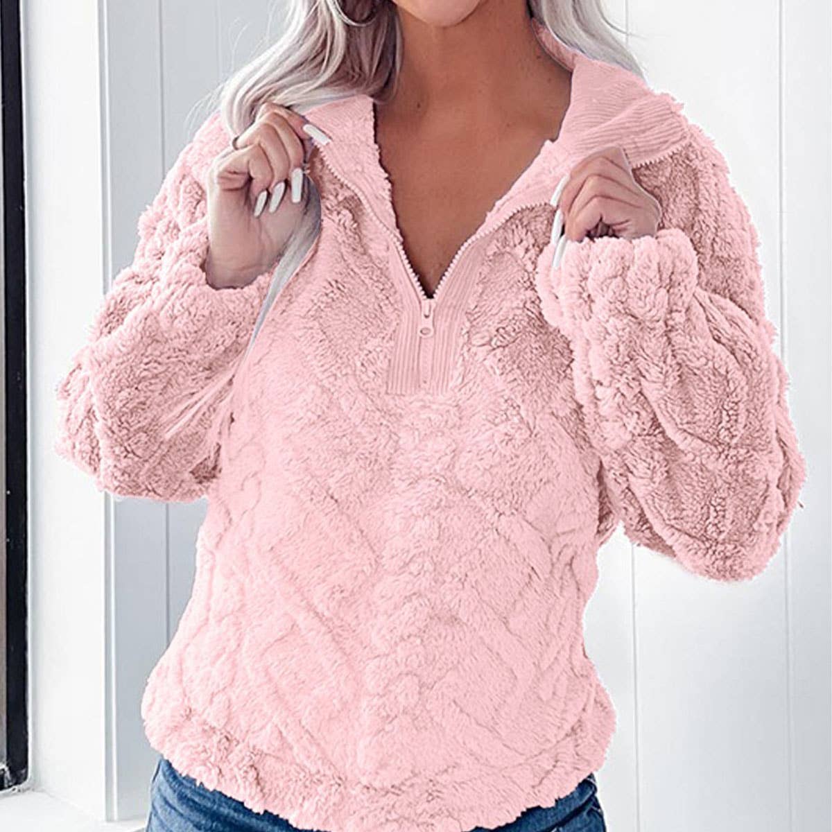 SOLID COLOR HALF ZIP COLLAR LOOSE PLUSH HOODIE