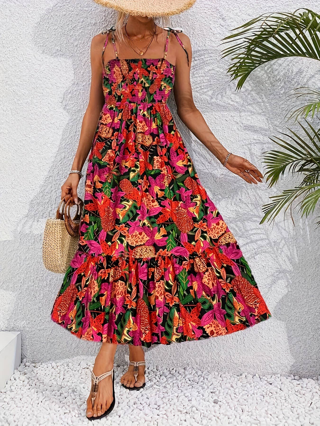 Printed halter backless vacation-style dress