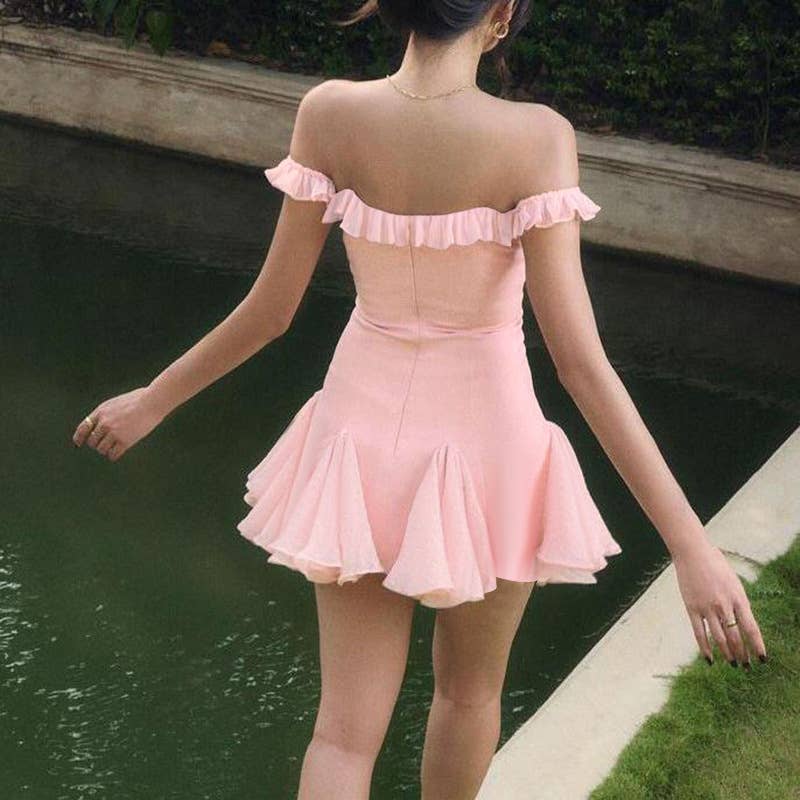 Sexy solid color one-line shoulder short dress