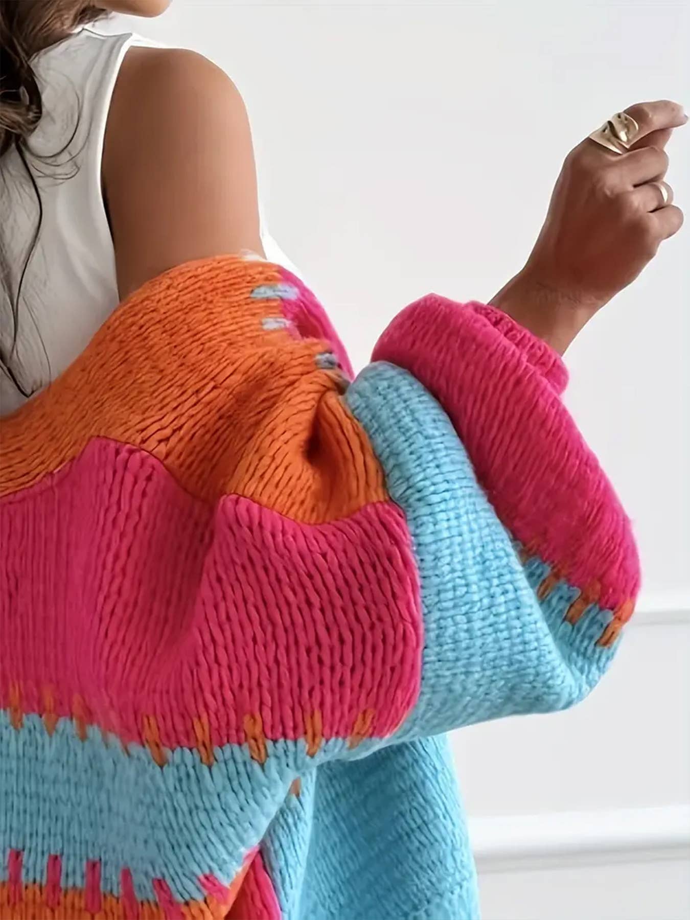 Lantern sleeves color-blocking knit cardigan