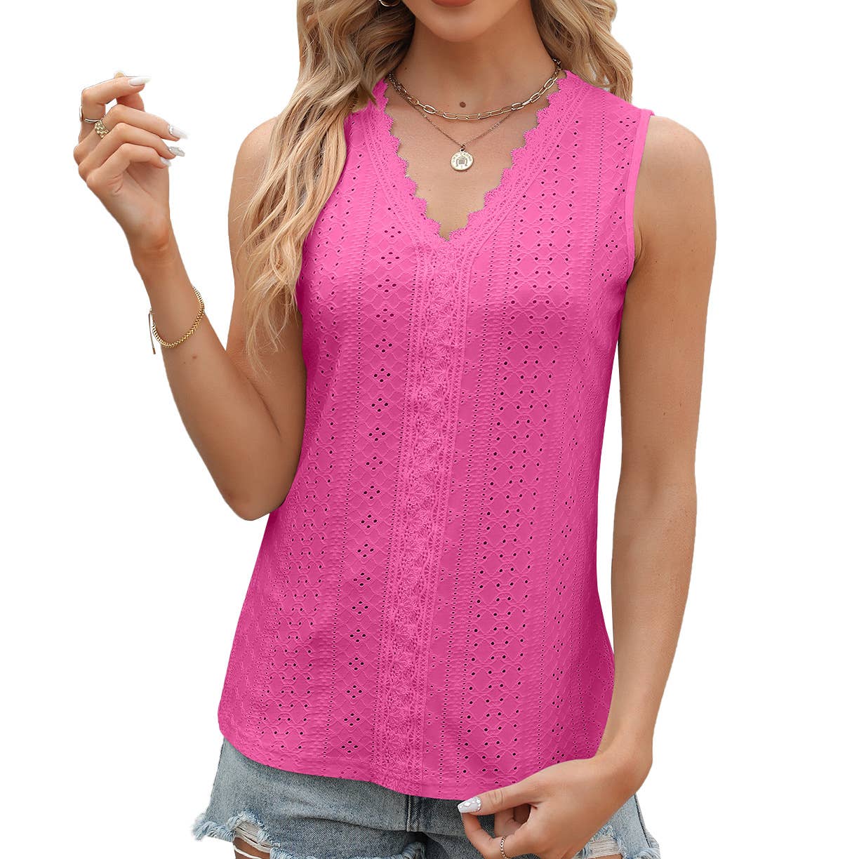 V-neck lace sleeveless solid color casual vest