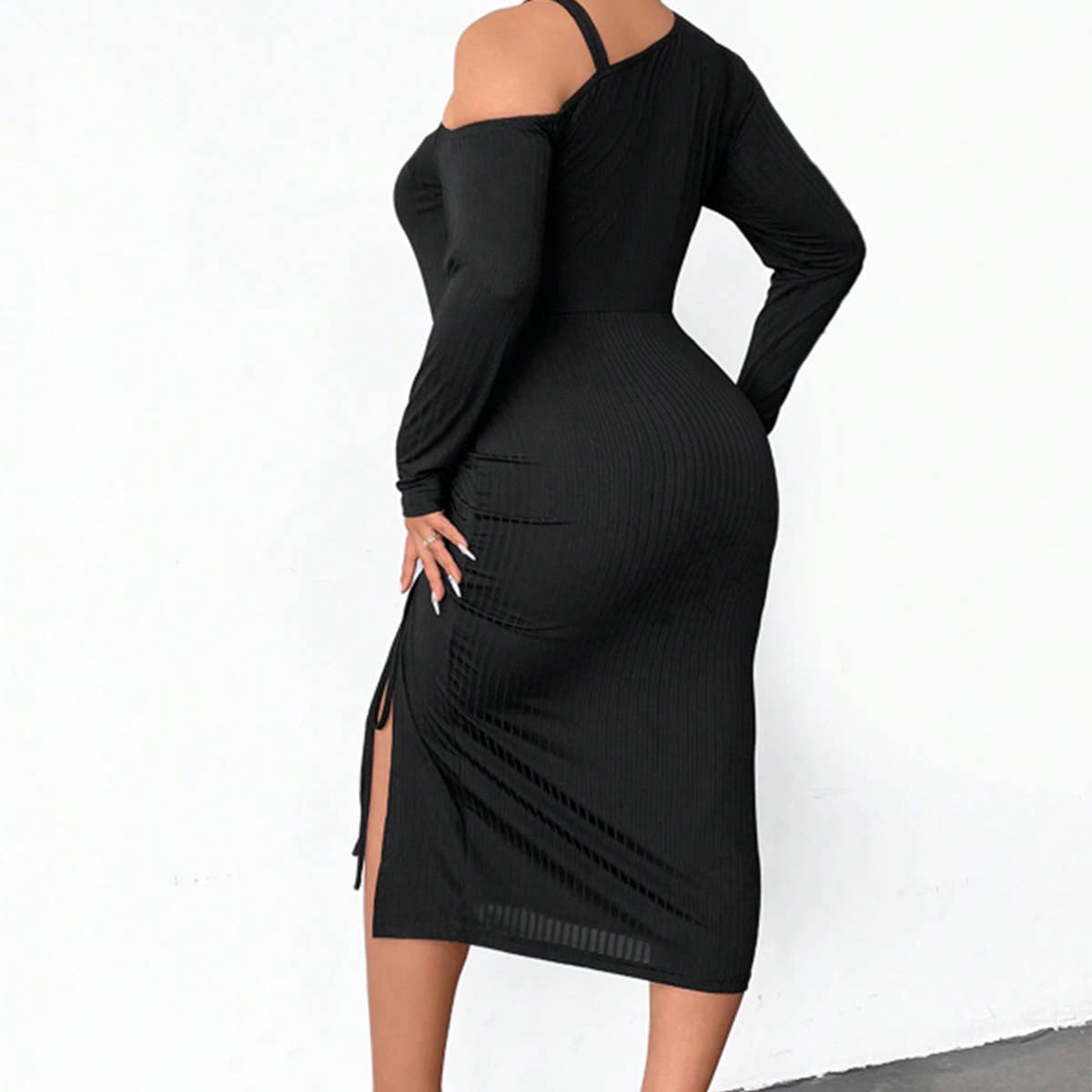 Off-Shoulder Asymmetrical Cinched Bodycon Dress_CWDMD6053