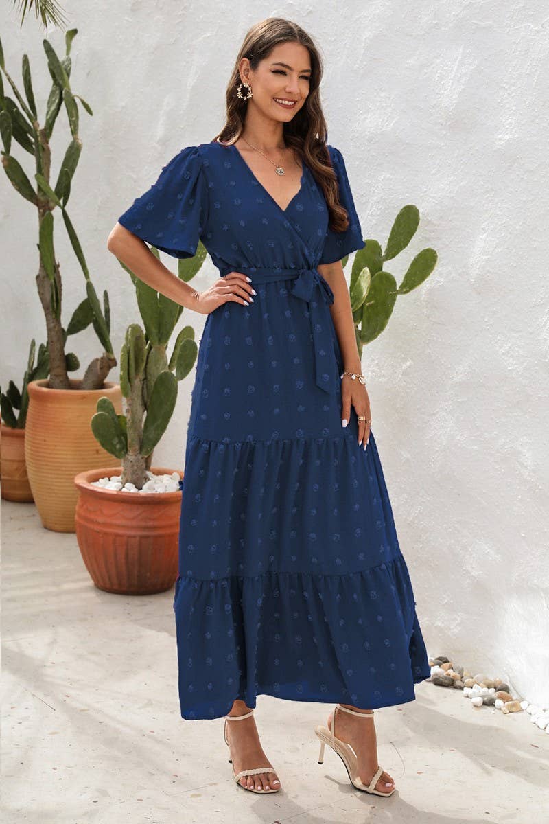 CWDMD2150_V NECK HIGH WAISTED SHORT SLEEVED LONG DRESS