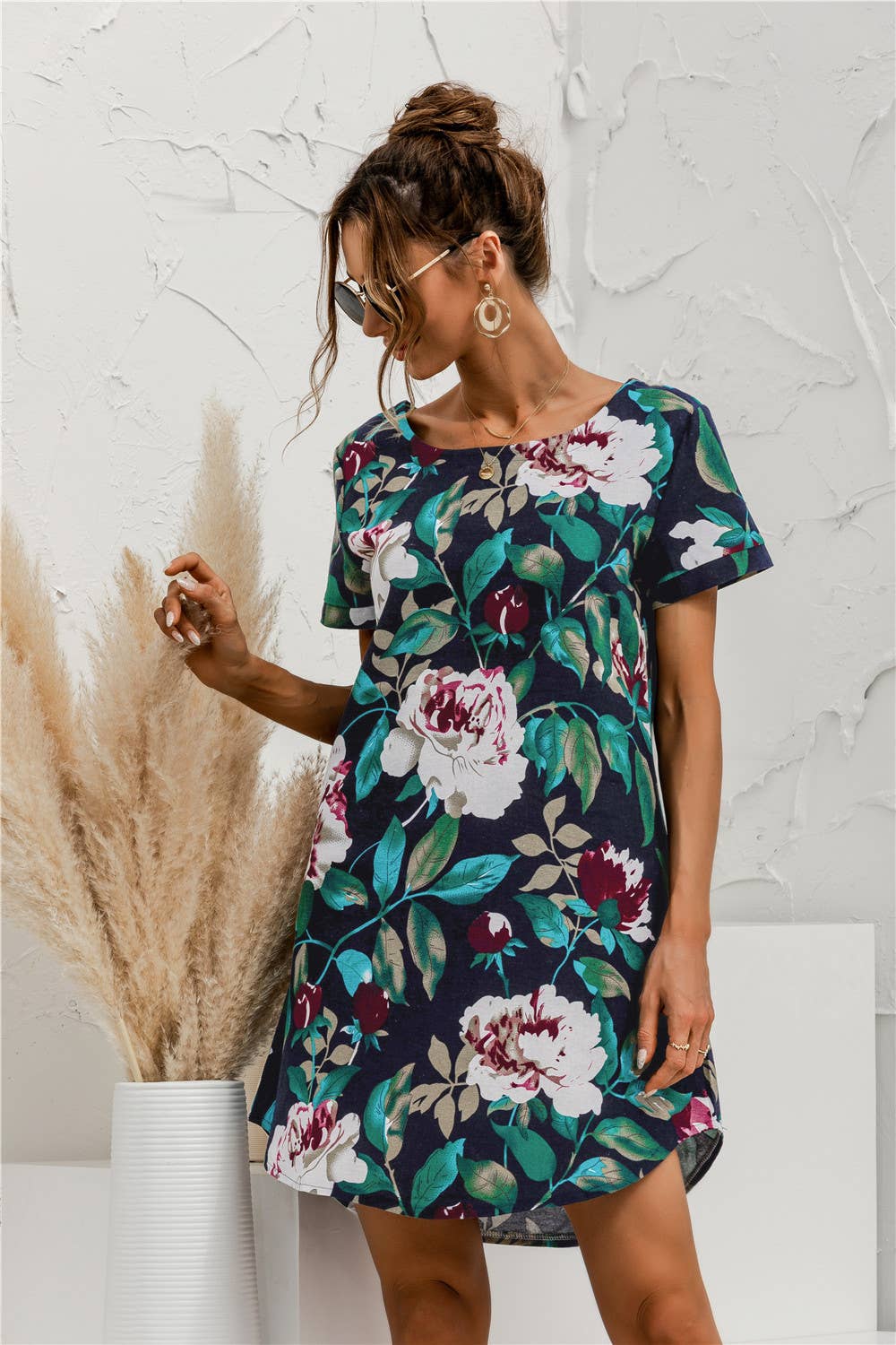 SHORT SLEEVE COTTON AND LINEN FLORAL PRINT DRESS