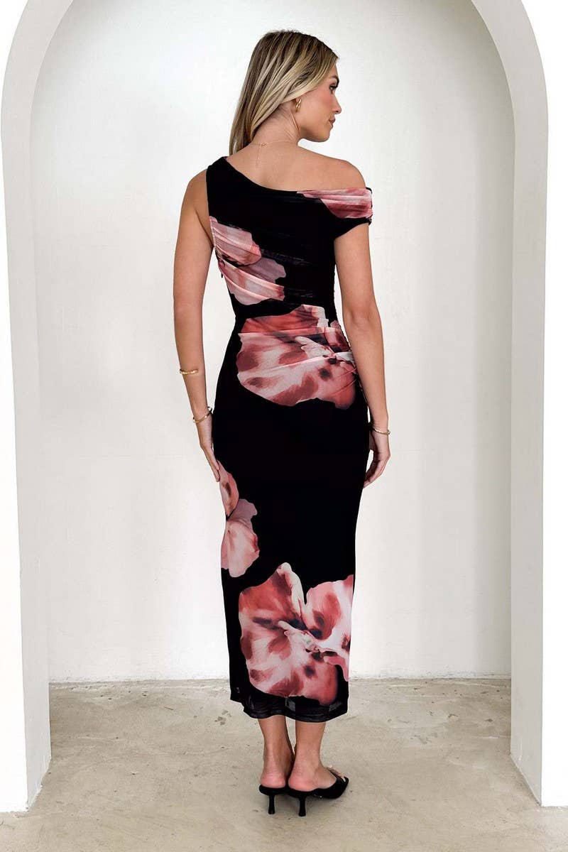 CWDMD5571_LONG SLEEVELESS ONE SHOULDER PRINTED RUCHED DRESS