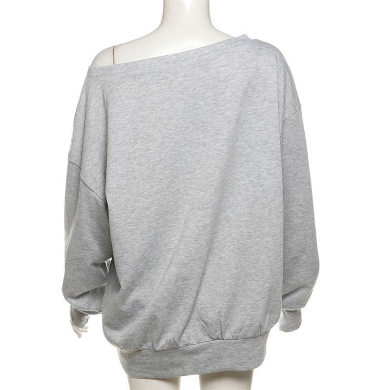 SLANT SHOULDER LETTER-PRINT LOOSE PULLOVER HOODIE