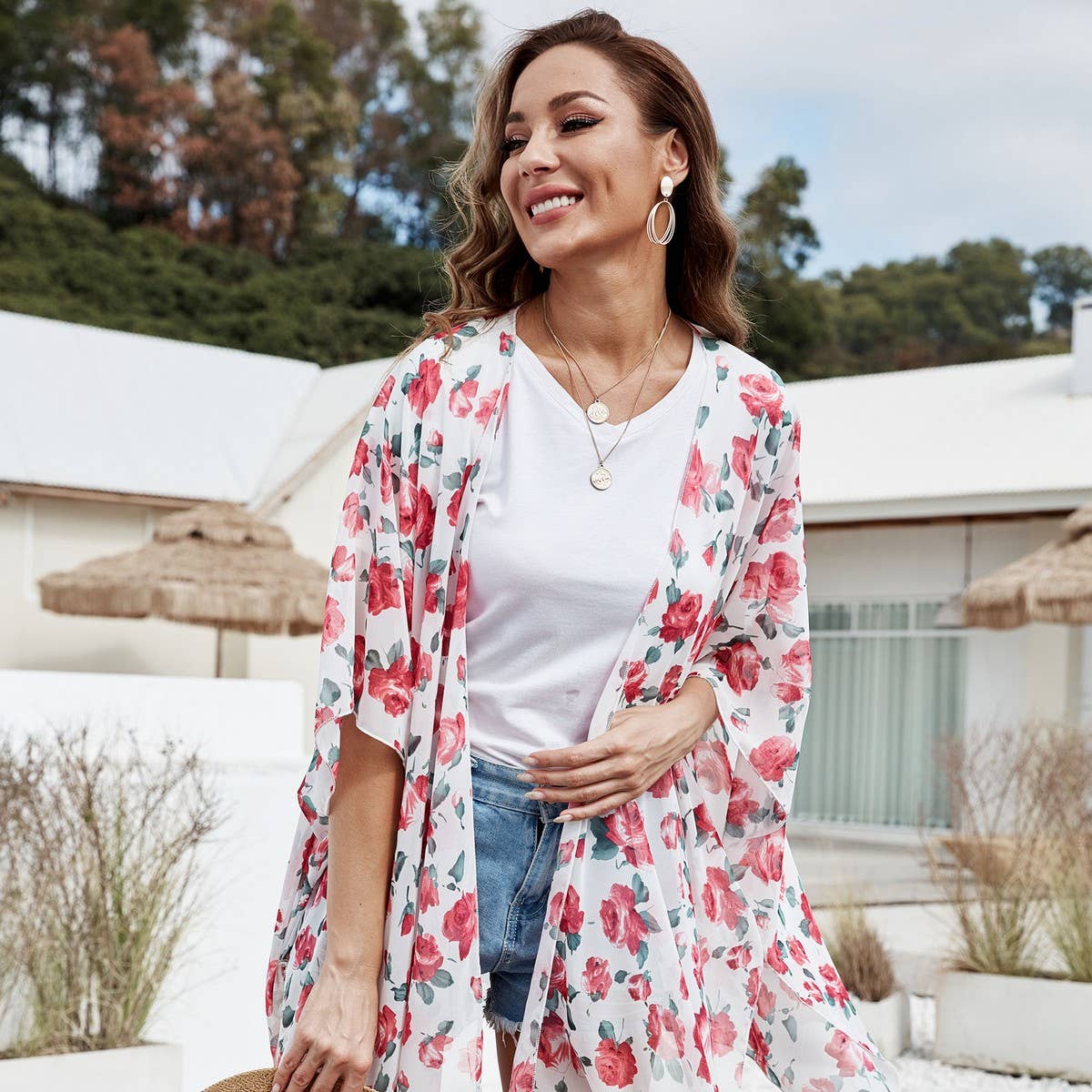 FLORAL PRINT FRONT OPEN KIMONO FOR SUMMER VACATION