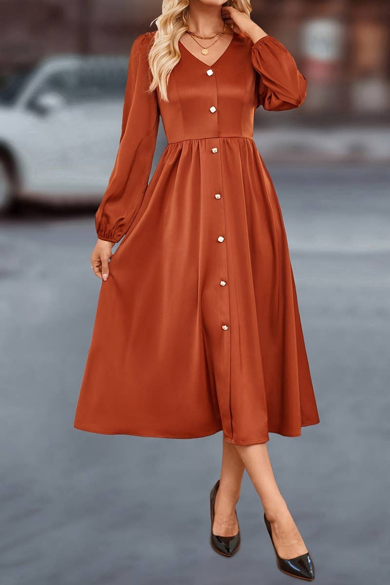 CWDMD5032_TEMPERAMENT BUTTONED V-NECK SHIRT DRESS
