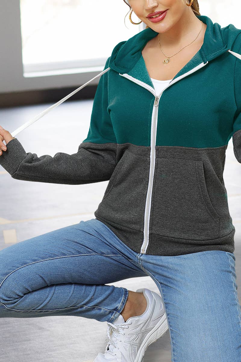 CWOHOL215_2 COLOR BLOCK ZIP-UP 2 SIDE POCKETS HOODED