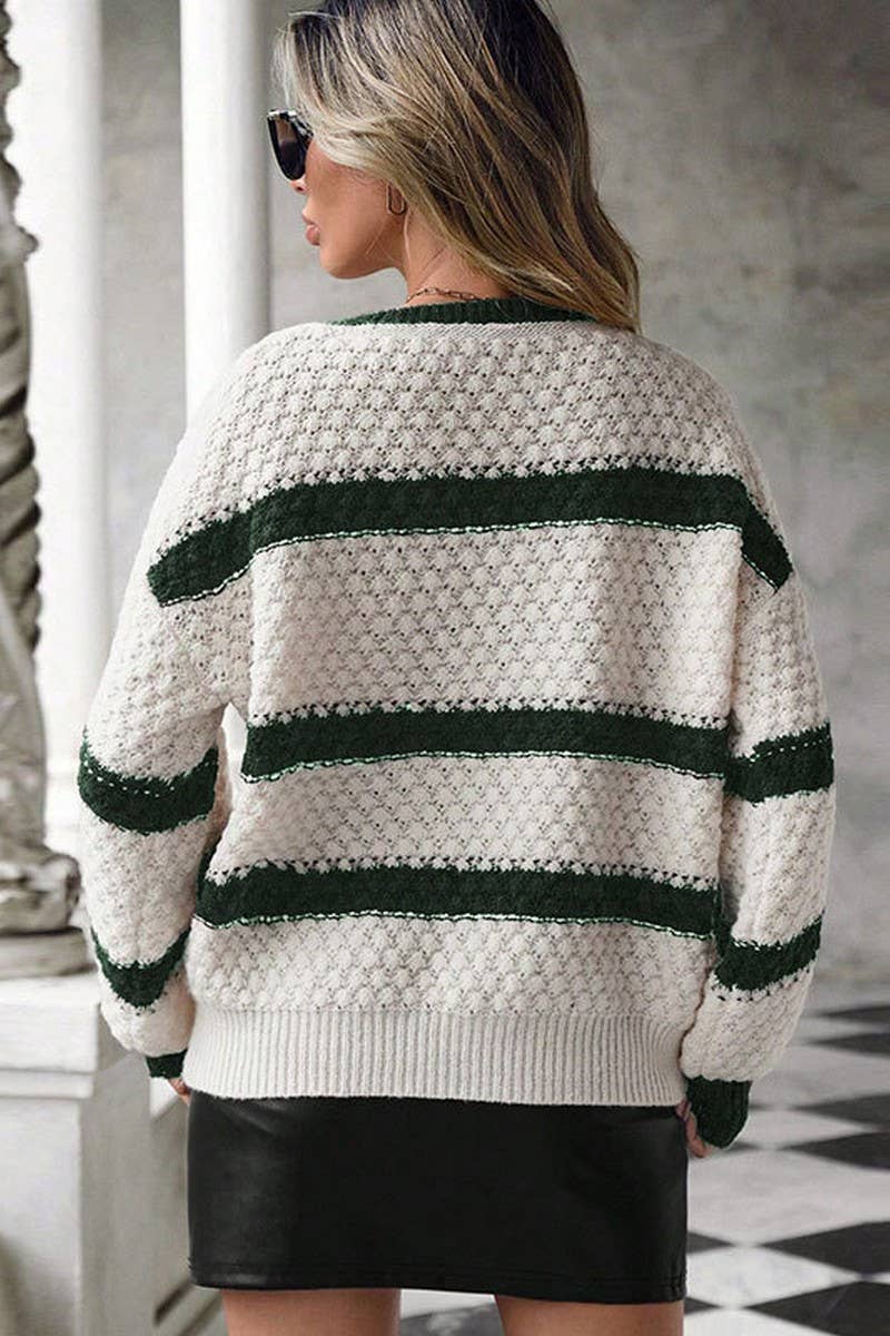 CWOSWL07368_LOOSE COLORBLOCK V NECK LANTERN SLEEVE KNIT TOP