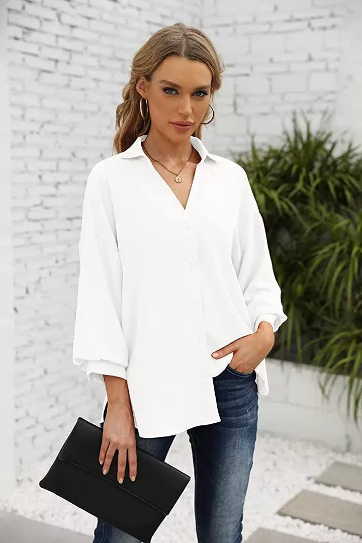 LANTERN SLEEVE BUTTON V-NECK CHIFFON CASUAL SHIRT
