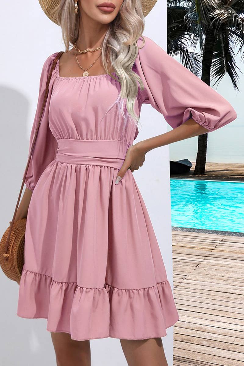 CWDSD7390_SUMMER RUFFLED SQUARE NECK TIE SHORT DRESS