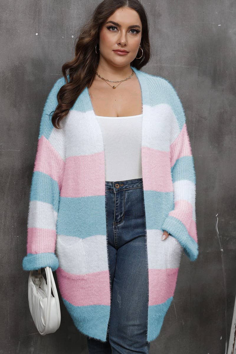 CWOSWL07397_PLUS SIZE COLOR BLOCK STRIPED KNIT CARDIGAN